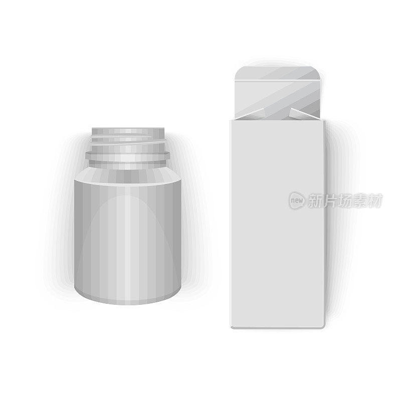 塑料药品容器内装药片，药品隔离于白色。盒子和包装的维生素供应，现实的瓶子和纸板包装。矢量eps 10插图